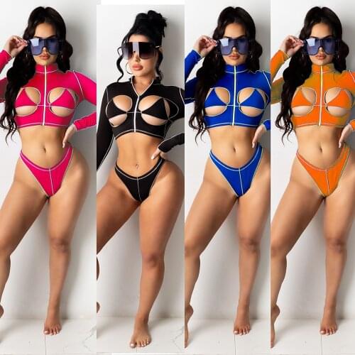 Sexy Cut out 2 Pieces Bikinis Sets Long Sleeve Turleneck Zip-up Crop Top and Brief Shorts Women Beach Wear 2021 Summer Swimsuit
