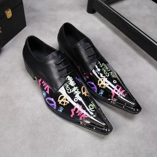 Mens Genuine Leather Shoes Brand New Business Party Dress Shoes Black Printed Fashion Casual Men Flats Oxfords Plus Size 38-46