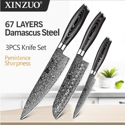 XINZUO 3Pcs Kitchen Knives Set 67 layers High Carbon Damascus Stainless Steel 8+7+5 Chef Santoku Utility Knife Pakka Wood Handle
