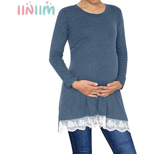 Pregnant Women Clothes O-neck Female Lace Hem T-shirt Long Sleeve Plus Size Tops Cotton Maternity Breastfeed Maternity Clothes