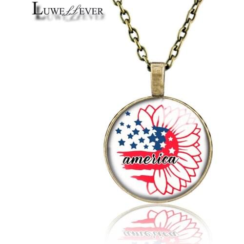 Independence Day Necklace 716 25mm Bronze 30mm Wood Rhinestone Double-sided Moon Round Glass Pendant For Women Gift