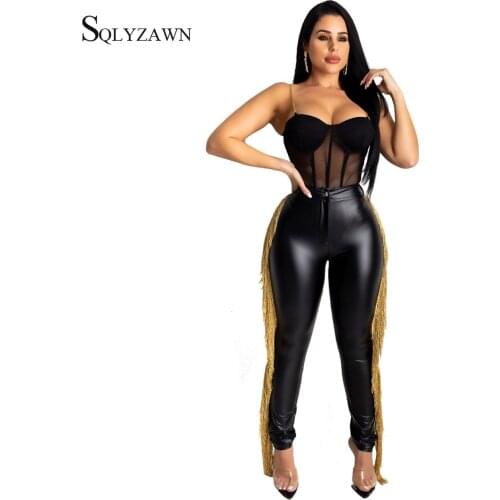 Sexy PU Leather Plus Size Side Tassel Pants Women Autumn Skinny Trousers High Waist Stretch Bodycon Black Tassel Pencil Pants