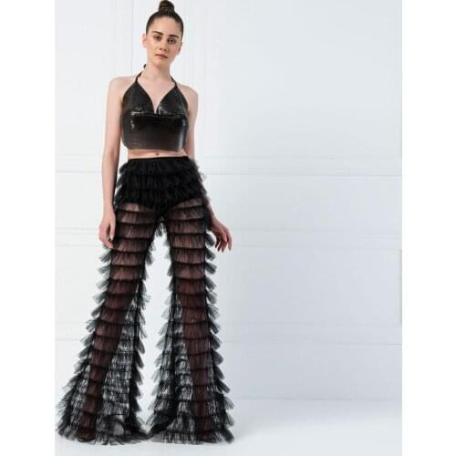 Sexy Black Tiered Ruffle Tulle Pants High Street Women Maxi Long Tulle Pants Sheer See Through Ruffled Tiered Tulle Party Wear