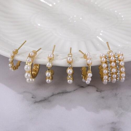 New Bohemian National Style Inlaid Pearl Rhinestone Metal Stud Earring Set European and American Fashion Golden Stud Earrings