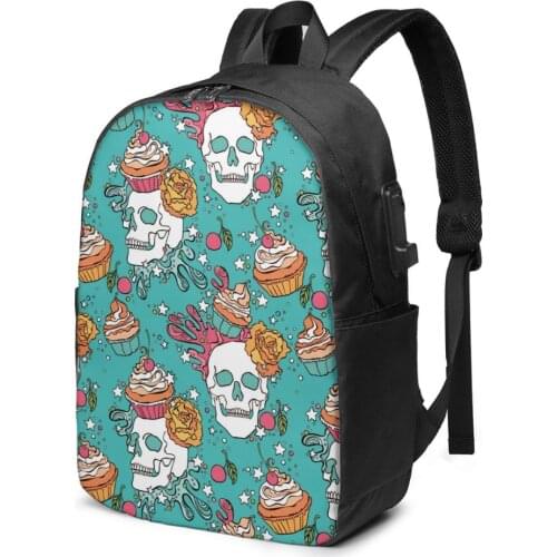 School Bag for Boy and Girl Skull And Cupcake Pattern Backpack with USB Charging Funny Daypack For Teenager Student