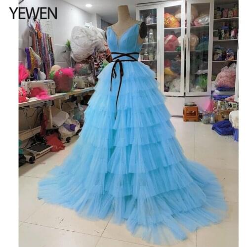 Blue Tulle Evening Dress Princess Prom Dress Party Wear for Woman Lace Up Back Wedding Guest Dress Photography Gown YEWEN 2021