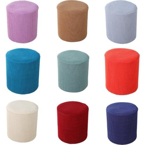Modern Round Ottoman Slipcover Waffle Textured Jacquard Solid Velvet Footstool Footrest Protector Covers Elastic Bottom