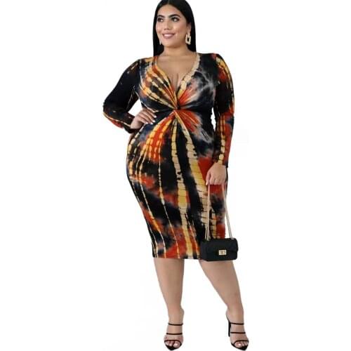 Loose Hot Twisted Print Dyeing Deep V Slim Elastic Long Skirt Sexy Long Sleeve Daily Commuter Banquet Party Pregnant Women Dress