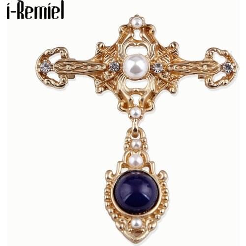 Vintage Cross Brooches for Women Crystal Rhinestone Pearl Pendent Matte Gold Anti-Exposure Coat Pin Scarf Buckle Corsage Jewelry