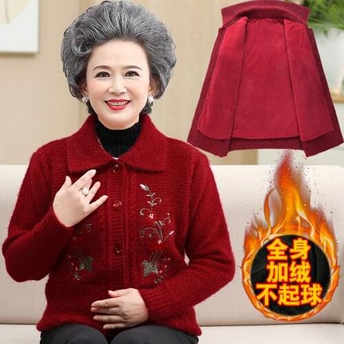 Knitted Cardigan cashmere Sweater Coats 2020 Winter Velvet Thicken Elderly Women Knitwear Top Jacket Printed Grandma Clothes