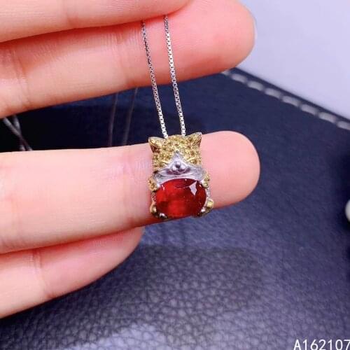 Fine Jewelry 925 Pure Silver Inlaid Natural Ruby Girl Luxury Elegant Fresh Cat Chinese Style Gem Pendant Necklace Support Detect