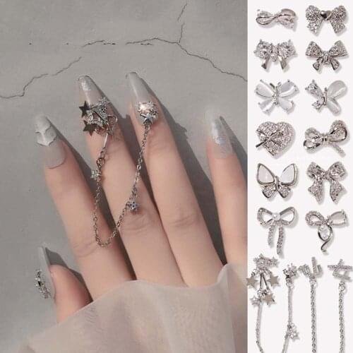 Nail Art Silver Zircon Jewelry Luxury Fashion Bowknot Pearl Accessories Star Chain Nail Jewelry Diamond