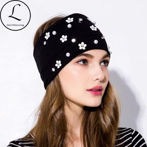 GZHILOVINGL 2019 Spring Summer Women Black Elastic Stretch Cotton Headband Hair Accessories Pearl Flower Headbands Hair bands