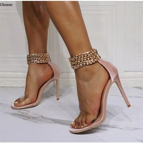 Olomm Women Summer Sandals Ankle Strap Chain Satin Stiletto Heel Open Toe Pretty Champagne Yellow Silver Wedding Shoes Size 5-15