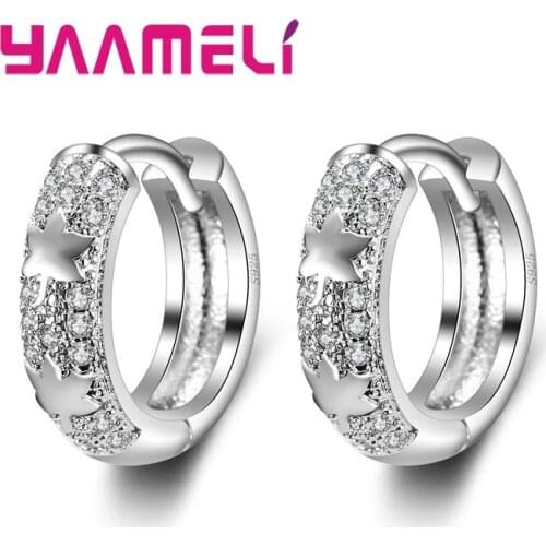 Fashion Maple Leaf Leaves Round Circle Hoop Earrings Silver and Clear Cubic Zircon Stone Loop Women Birthday Jewelry