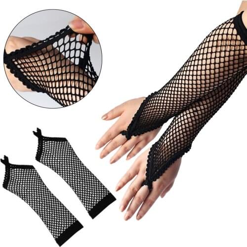 Women Solid Fingeless Gloves Sexy Party Girl Lace Mittens Net Breathable Performance Dance Long Gloves Mesh Fishnet