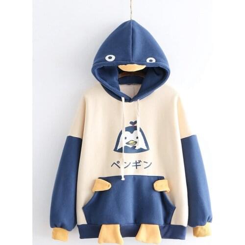 Cute Penguin Fall Winter Womens Hoodies Thicken Warm Pullovers Long Hooded Patchwork Tops Cute Gray Dark Blue Mori Girl