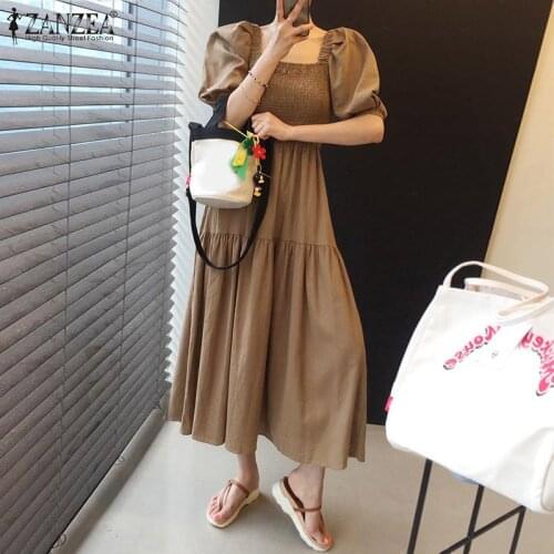 Summer Square Neck Short Puff Sleeve Party Sundress ZANZEA Korean Fashion Women Pleated Holiday Dress Ruffle Vestidos Robe Femme