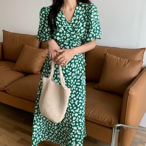 Alien Kitty 2021 Green Women Floral Slim Printing V-Neck Lace-Up High Waist Femme Prom Sweet Chic A-line Vestidos Long Dresses