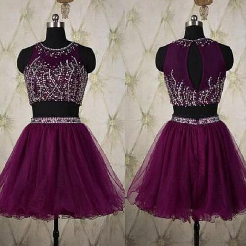Purple Two Pieces Homecoming Dress 2021 Beaded Sequins A-Line O-Neck Sleeveless Tulle Short Party Prom Gown Open Back Sparkly