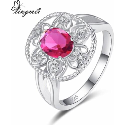 Lingmei New Arrival Cluster Flower Style RedSea blue CZ Silver ColorRing Size 6-9 Jewelry For Women Engagement Bridal Ring