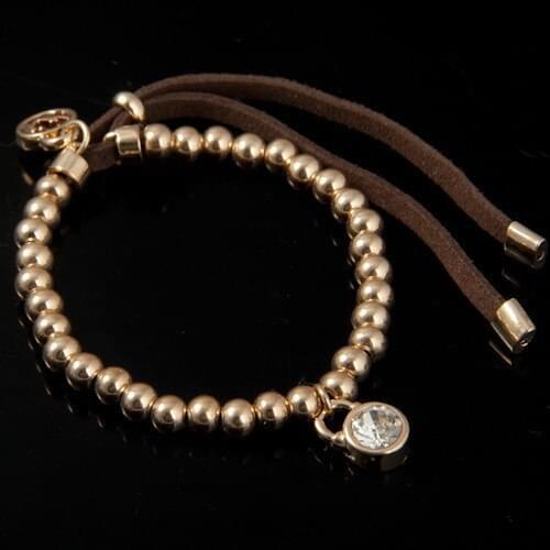 2PCS Golden Brass Beaded Rhinestone Drop Stretch Leather Bracelet #23757