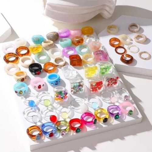 2021 Colourful Transparent Resin Acrylic Rhinestone Geometric Square Round Rings for Women Jewelry Summer Travel Gifts