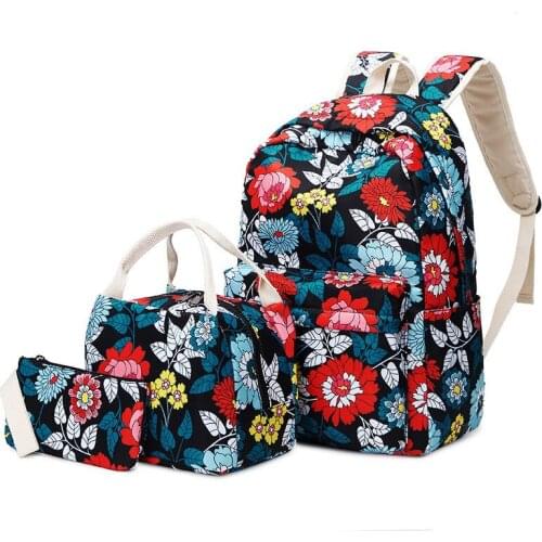 3pcs/Set Waterproof Nylon Flower Printing Backpack Women Schoolbag for Teen Girls Lunch Box Laptop Rucksack Student Travel bag
