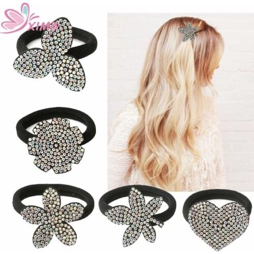 XIMA 5pcs/lot Women Rhinestone Crystal Hair Ties Rope Hairband Elastic Hair Bands for Girls Hair Accessories