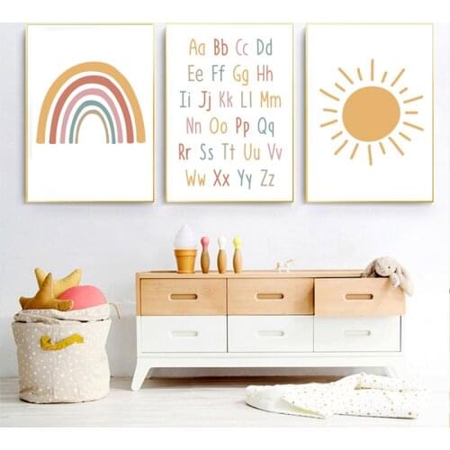 The Alphabet Poster Wall Art Canvas Art Paintings for Children Room Metope Adornment Picture Cartoon Sun Rainbow Posters