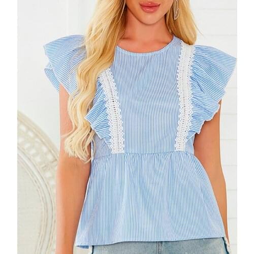 Womens Striped Splicing Elegant Blue Blouse O-neck Ruffle Short Sleeve Top Ladies 2021 Summer Casual Streetwear Blouses Clothes