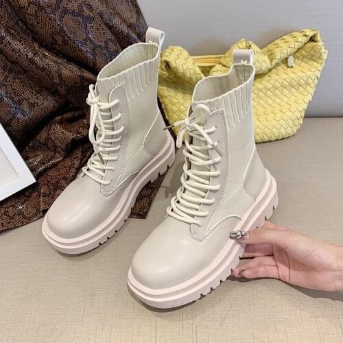 Ankle Boots Woman Slip-On Shoes Woman Fashion Knitted Elastic Round Toe Short Boots Platform Square Heels Leather Boots Women