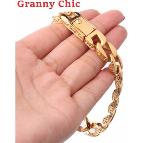 Granny Chic 8.66" 12mm Womens Men Gold Color Bracelet Cuban links & chains Stainless Steel Bracelet for Bangle Male Accessory