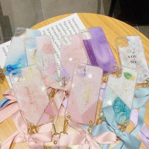 Bowknot Crossbody Strap Case for iPhone 7 8 Plus X XR XS 11PRO MAX SE 2020 Bling Glitter Gold Foil Marble Shoulder Hang Cover