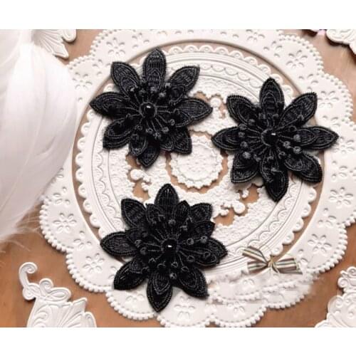 15pcs 6cm 2.36" black beads 3D flower embroidery lace appliques patches L14F171