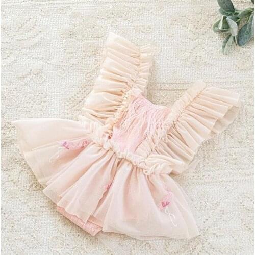 Baby Summer Rompers Jumpsuit Splicing Square Neck Ruffled Sleeves Lace Romper Skirt with Tassels Toddler Girls 0-24 Months