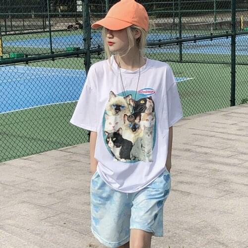 Cute Cat Print Short-sleeved T-shirt Women Graphic Tees Women T Shirt for Women Tops Women 2021
