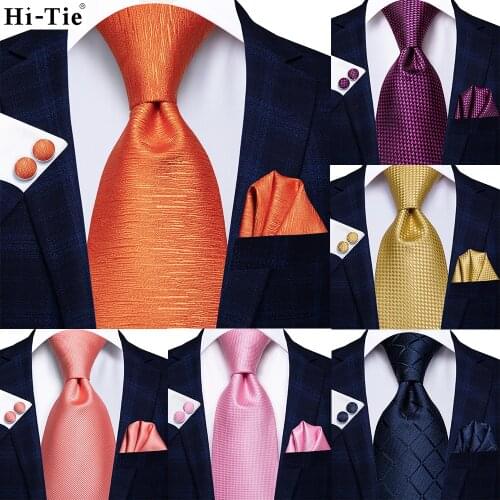 Hi-Tie Orange Solid Paisley Silk Wedding Tie For Men Hanky Cufflink Men Necktie Set Business Party Dropshipping Fashion Designer