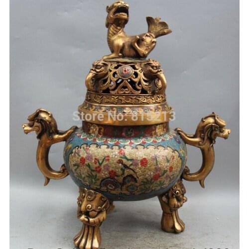 Bi001105 18" Marked China Cloisonne Bronze Gild 3 Foot lion handle Incense Burner Censer