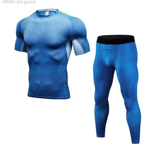 Summer Compression Shirt Leggings Men Bodybuilding Clothing Fitness MMA Tops & Tees Sports Quick Dry Sweat Training Suits Set