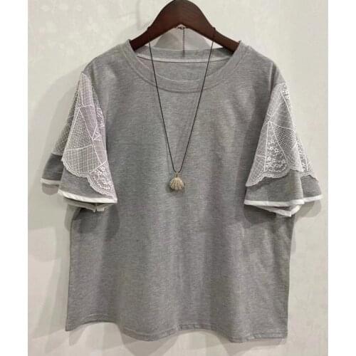 Fashion Irregular Lace Butterfly Sleeve O Neck Plus Size Summer Woman Tshirts U085