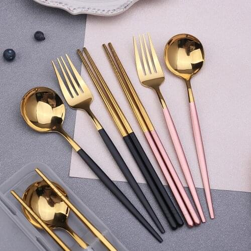 3pcs Box Stainless Steel Spoon Chopsticks Fork Set Outdoor Simple Chopsticks Spoon Portable Western Tableware Set Gift
