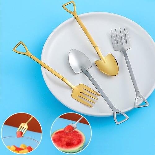 2pcs Gold Silver Dinnerware Set Shovel Shape Stainless Steel Tableware Set Fork Spoon Flatware Set Dishwasher Safe Cutlery Set