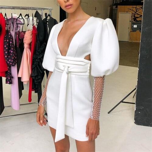 2020 New Women Dress Sexy Bodycon Vintage Puff Sleeve Backless Fashion Party Club Celebrity Summer Dress V Neck Clothes