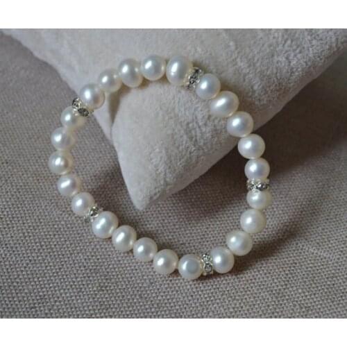 New Stunning Wedding Pearl Bracelet White Crystal Rhinestone Real Freshwater Pearl Elastic Bracelet 6-7mm More Length For Choose
