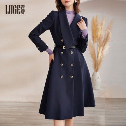 2021 autumn new style waist closing, slim, big swing, medium and long skirt, professional temperament, navy suit dress