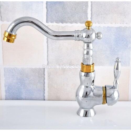 Polished Chrome & Gold Color Brass Bathroom Vessel Sink Faucet Single Handle Swivel Spout Mixer Tap Single Hole tsf807