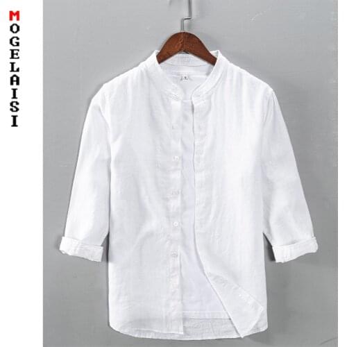 White linen shirt men three quarter casual tops summer Breathable solid high quality shirt man Camisa masculina new 2021 L741