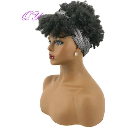 QY Hair Headband Synthetic Wig Kinky Curly Silver Grey Turban Black Wigs for Women Hair Wigs