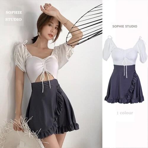 Solid Swimwear Women Skirt-Style Fashion Cover Belly Slim Short-Sleeved Conservative Sexy Swim Beach Spa One-Piece Swimsuit 2021